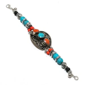 Türkis rote Koralle antikes Armband Tibetisches Silber Nepali Schmuck 7 Zoll ... - Bild 1 von 7