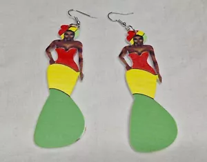African Pattern Earrings - NO TARNISHING Wood Dangle - Picture 1 of 3