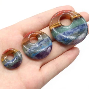 Natural Chakra Crystal Large Hole Donut Pendant Colorful Gemstone Round Circle - Picture 1 of 12
