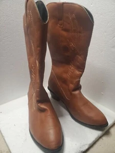Cowgirl Boots Brown Faux Leather Felt Lined Sz 41 Nice Shape - Picture 1 of 6