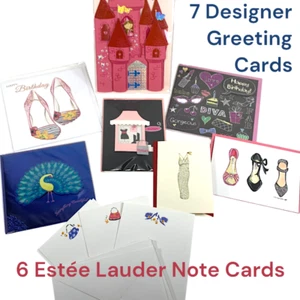 7 Fancy Designer Greeting Cards 6 Estee Lauder Notecards Girly Heels Purses 3D - Picture 1 of 24