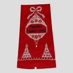Merry Christmas Cross Stitched Bauble On Red Linen Tea Towel Finger Towel 20x11 - Picture 1 of 4