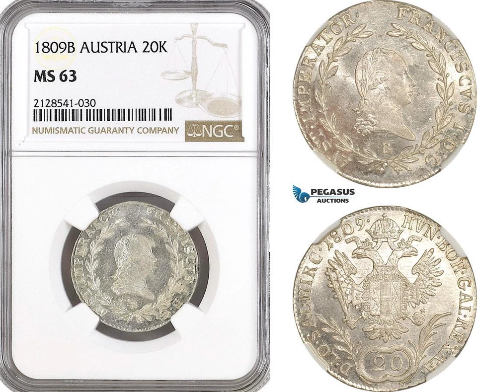 AG917, Austria, Franz II, 20 Kreuzer 1809­ B, Kremnitz Mint, Silver, NGC MS63 - Image 1 of 1