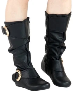 New Slouchy Over-Size Buckle Strap Flat Boot Mid Calf Knee High Faux Leather Zip - Picture 1 of 3