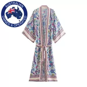 Cream Peacock Floral Bat Sleeve Boho Kimono Waist Tie V-Neck Long Maxi Dress - Picture 1 of 8