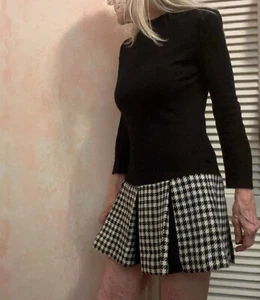 Mod Vintage Mini Dress 4 Black and White Houndstooth Plleated Skirt Mock Neck - Picture 1 of 16