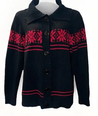 Cárdigan túnica Navidad copo de nieve negro/rojo Studio Works para mujer talla XL Foto 1 de 4