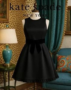 Vestido Kate Spade Negro Terciopelo Lazo Ajuste y Acampanado Nuevo con Etiquetas Talla 8 Cóctel Fiesta Vacaciones - Imagen 1 de 11