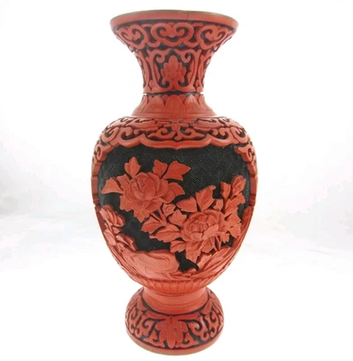 Jarrón chino de 7" con laca de cinabrio negro y rojo esmalte azul Foto 1 de 4