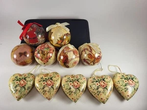 Lot 11 Vintage paper mache Christmas Scene Balls & Hearts Ornaments Victorian - Picture 1 of 10
