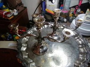 VTG Pair Of Heavy Sheridan Silver Plated 3 Arms Candelabras - Picture 1 of 6
