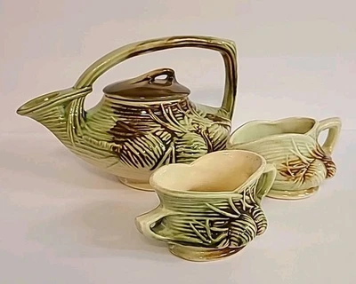 Mccoy Pottery Pinecone Tea Pot Set With Creamer And Sugar Collector Condition  - Image 1 of 4