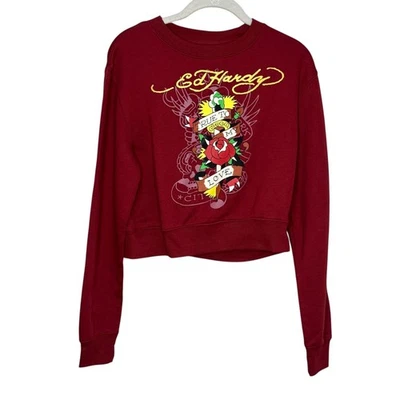 Sudadera Ed Hardy Mujer Pequeña Roja Fiel a Mi Amor Recortada Gráfico Pullover Foto 1 de 4