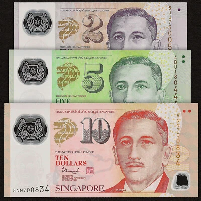 SINGAPORE SET 3 PCS 2 5 10 Dollars 2014-2019 P-46 47 48 POLYMER UNC - Image 1 of 4