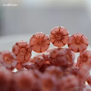 6 Semi-Opaque Rose, Copper Wash, Czech Glass, Hibiscus Flower Beads - Picture 1 of 9