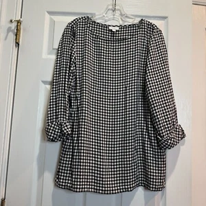 J. Jill Pullover Tunic Top Black White Gingham 3/4 Slv Rayon Country Cottage Lg - Picture 1 of 16