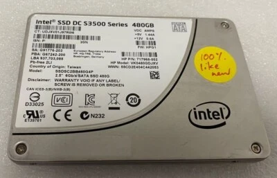 HP 717968-002 Intel SSD DC S3500 SSDSC2BB480G4P 480GB 2.5″ SATA SSD- 100% Health - Image 1 of 2