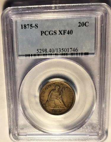 RARE 1875 S Seated Liberty Silver 20 Cent Piece PCGS XF-40 Nice Sharp Coin Cover