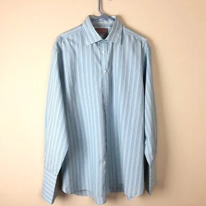 Thomas Pink Dress Shirt 16 1/2 35 Blue Green Stripe 100% Cotton French Cuffs - Picture 1 of 11