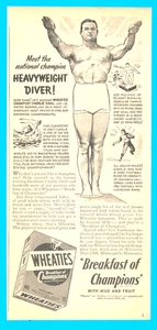 WHEATIES breakfast cereal Heavyweight Diver Champion PRINT AD 1942 Charlie Diehl - Picture 1 of 3