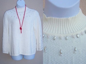 Chico's Ivory Beaded Sweater size 3 XL Pearl XMAS HOLIDAY Mock Neck knit top  - Picture 1 of 13