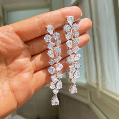 Luxurious Multi Cut Lab Grown Diamond  14k White Gold Drop Dangle Earrings Gift - Image 1 of 4