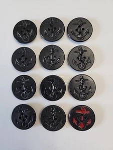 12 Peacoat Buttons Black Navy Anchor, 13 Black, 1 Red - Picture 1 of 3