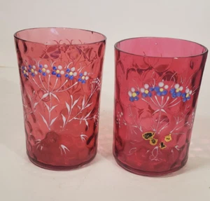 2 Victorian Optic Hand Blown Cranberry Glass Enameled Tumblers Blue White - Picture 1 of 9