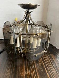 VTG 6 LAMP NULCO MFG BRASS ETCHED BEVELED GLASS BOW ACCENT CHANDELIER FIXTURE - Picture 1 of 12