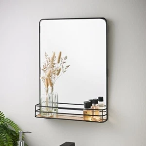 New Elegant Black Mirror with Wooden Shelf Perfect Bathroom Decor - Picture 1 of 2