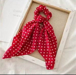 Red Polka Dot Print Bow Satin Long Ribbon Ponytail Scarf Hair Tie Scrunchies - Picture 1 of 1