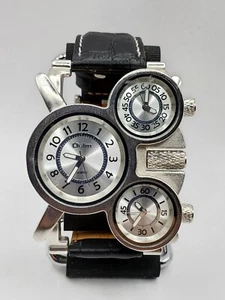 Qulm Men's Three Movement Quartz Watch 50mm Width Silver Tone Black Leather - Picture 1 of 9