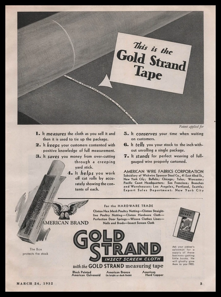 1932 Gold Strand Insect Screen Cloth With Measuring Tape Vintage Print Ad - Image 1 of 1