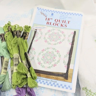 12-18" Cross-Stitch Printed Quilt Blocks 39 DMC Skeins "Hearts" 491 & Tulips Lot - Image 1 of 4