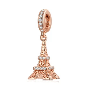 💖 Eiffel Tower Love Paris Dangle Charm Rose Gold Genuine 925 Sterling Silver 💖 - Picture 1 of 8