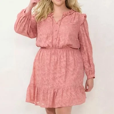 NWT  Lauren Conrad Size 3X Pink Floral Chiffon Ruffle Burnout Dress Long Sleeve - Image 1 of 4