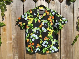 Hilo Hattie Cal-Nev-Ha Black Floral Hawaiian Shirt Men's Size Medium - Picture 1 of 5