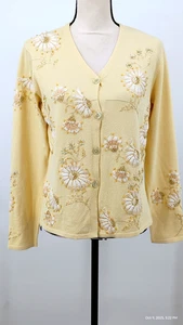 Talbots Vintage Cardigan Pullover mit Blumenstickerei und Knopfleiste hellgelb Small - Bild 1 von 23