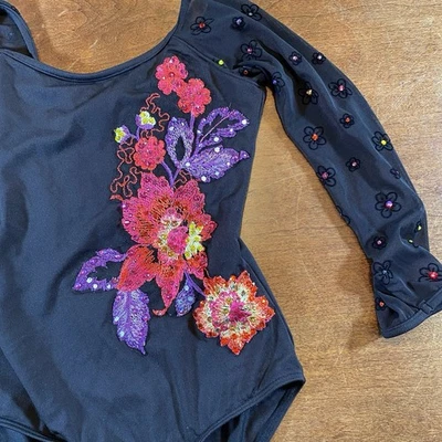 Bloch Black Leotard Size 8/10 Custom Made  Flowers and  Rhinestones Appliqué  - Image 1 of 4