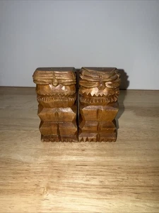 Vintage Hand Carved Wood Aztec Tiki Design Salt and Pepper Shakers - Picture 1 of 5