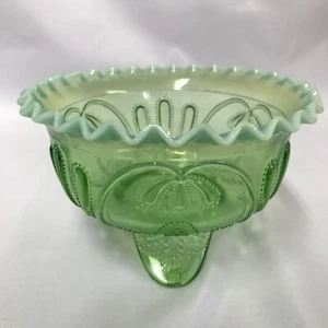 Jefferson Glass Co Green Opalescent Candy Nut Fruit Bowl Meander Pattern #233 - Picture 1 of 14
