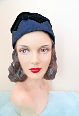 Vintage Ladies Christine ORIGINAL Pillbox Hat 1950s Blue Velvet Grosgrain Ribbon - Image 1 of 4