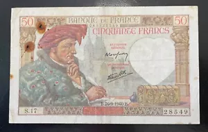 FRANCE nice 1940 50 Francs banknote with Jacques Coeur P93a - Picture 1 of 2