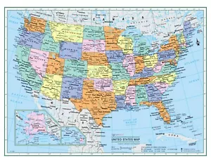USA United States Wall Map 22"x17" LARGE PRINT Laminated - Picture 1 of 1