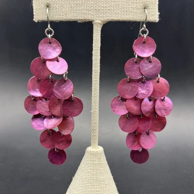 Purple Shell Disc Dangle Earrings Drop Hook Pierced Chandelier Long Statement - Image 1 of 4