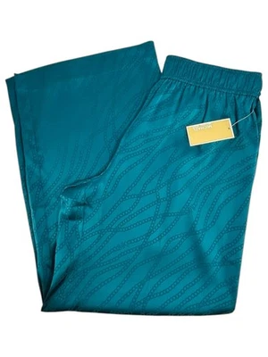 MICHAEL KORS Wide Leg Palazzo Pants Sz L Luxe Teal High Rise MK Logo Cable Print - Image 1 of 4