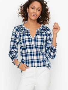 Talbots Plus 3X Blouse haut popover smockée à carreaux fleur bleu blanc 100% coton - Photo 1/11