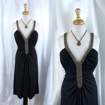Black Beaded Formal Dress Ruched Fairy Goth Glam Prom Y2K Romantic 90s Size 12 - Image 1 of 4