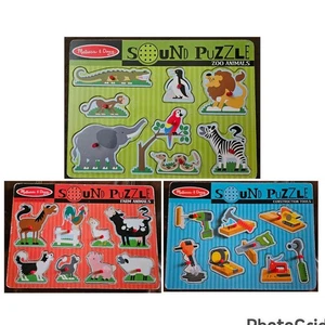 Menge 3-MELISSA & DOUG handgefertigte Holzpuzzle (Sound funktioniert) Tiere, Werkzeuge - Bild 1 von 10