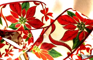 Christmas Iridescent Red Poinsettia 1.5" x 2 yd Ivory Wired Ribbon Winter Decor - Picture 1 of 7